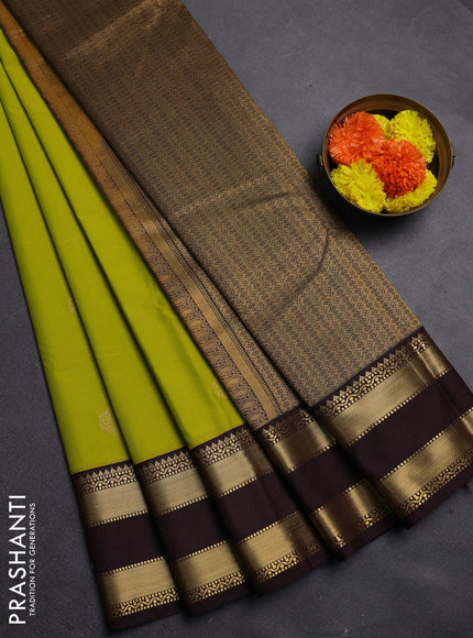 Lime Green & Coffee Brown Semi Kanchipram Silk - Buttas