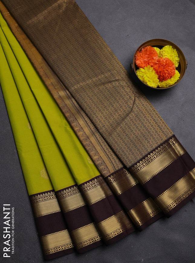 Lime Green & Coffee Brown Semi Kanchipram Silk - Buttas