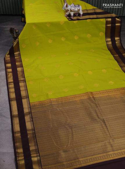 Lime Green & Coffee Brown Semi Kanchipram Silk - Buttas