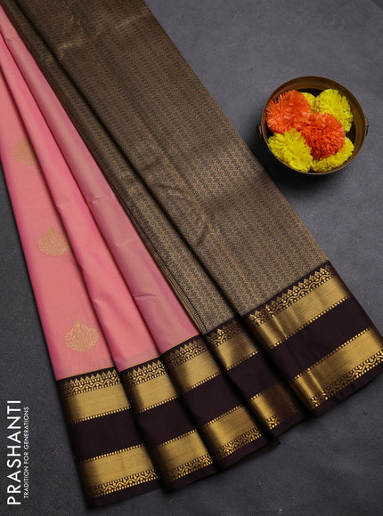 Peach Pink & Coffee Brown Semi Kanchipram Silk - Buttas
