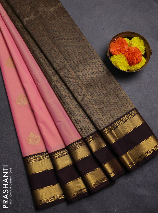 Peach Pink & Coffee Brown Semi Kanchipram Silk - Buttas