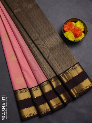 Peach Pink & Coffee Brown Semi Kanchipram Silk - Buttas