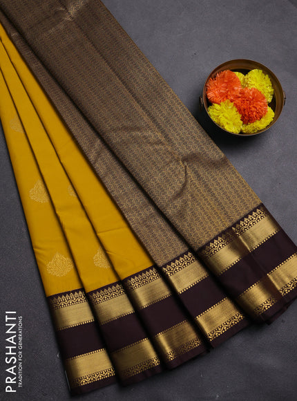 Mustard Yellow & Coffee Brown Semi Kanchipram Silk - Buttas