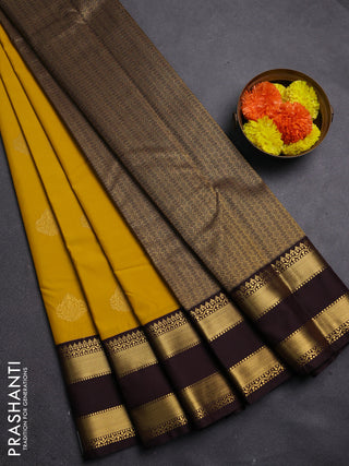 Mustard Yellow & Coffee Brown Semi Kanchipram Silk - Buttas