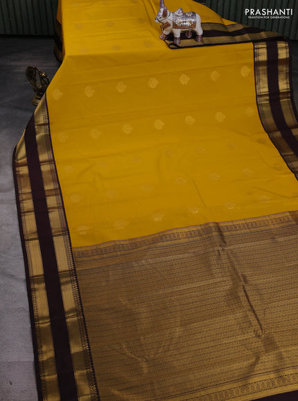 Mustard Yellow & Coffee Brown Semi Kanchipram Silk - Buttas