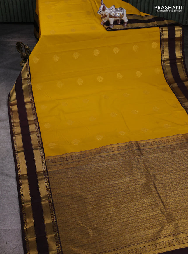 Mustard Yellow & Coffee Brown Semi Kanchipram Silk - Buttas