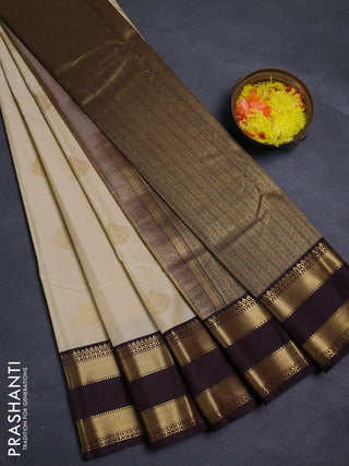 Beige & Coffee Brown Semi Kanchipram Silk - Buttas
