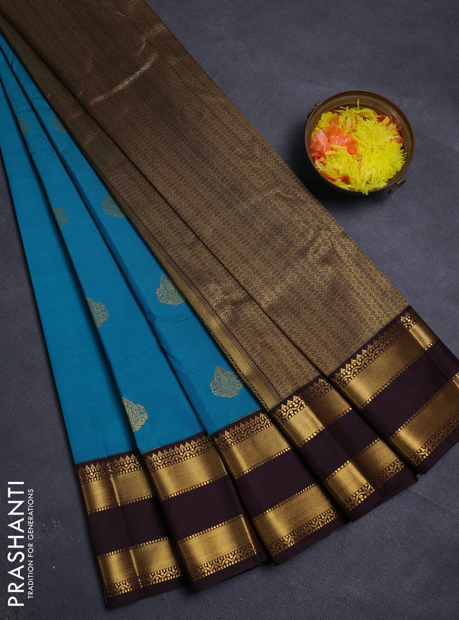 Blue & Coffee Brown Semi Kanchipram Silk - Buttas