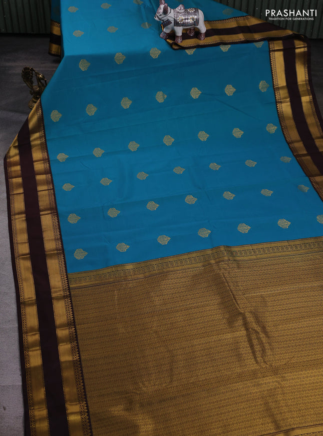 Blue & Coffee Brown Semi Kanchipram Silk - Buttas
