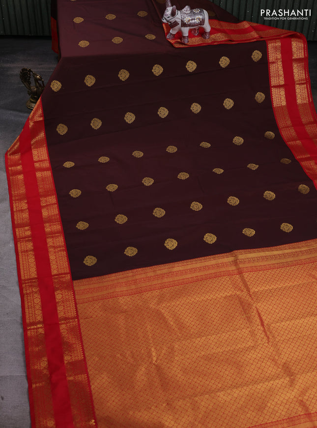 Coffee Brown & Red Semi Kanchipram Silk - Buttas