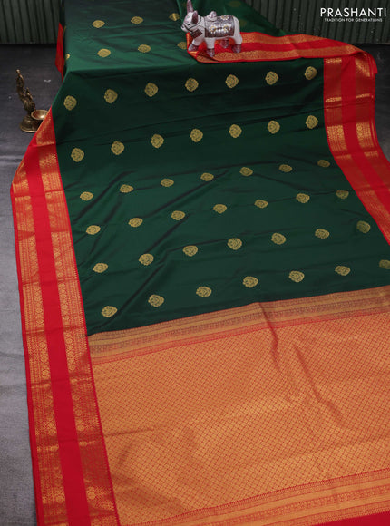 Bottle Green & Red Semi Kanchipram Silk - Buttas