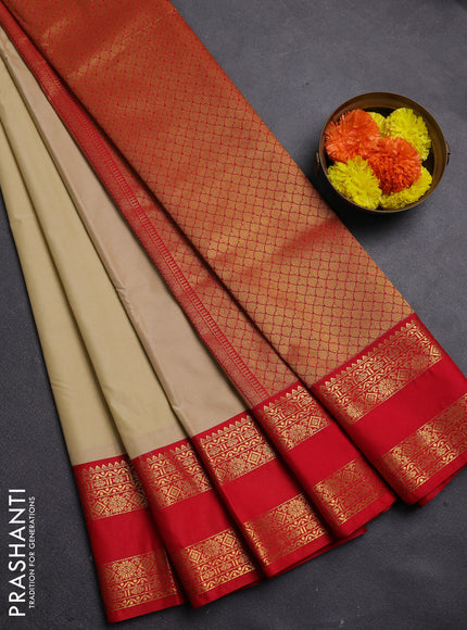 Beige & Red Semi Kanchipram Silk - Buttas