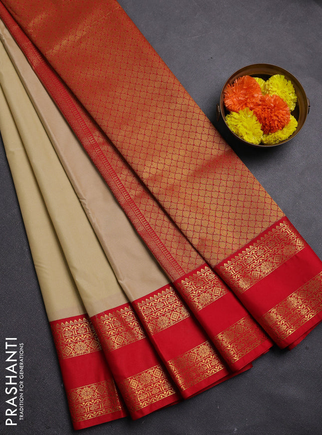 Beige & Red Semi Kanchipram Silk - Buttas