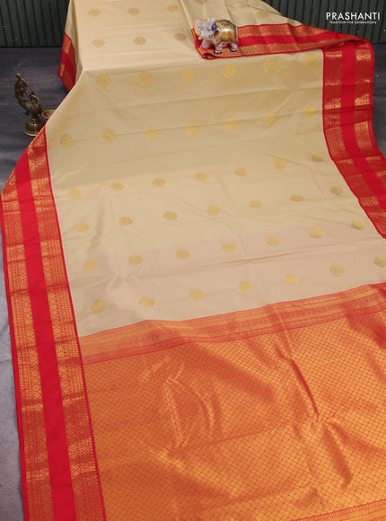 Beige & Red Semi Kanchipram Silk - Buttas