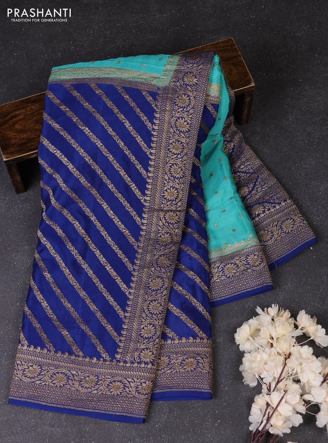 Teal Blue & Peacock Blue Banarasi Crepe  - Half & Half