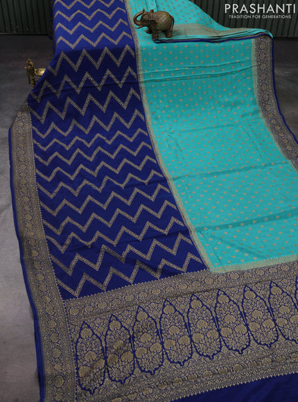 Teal Blue & Peacock Blue Banarasi Crepe  - Half & Half