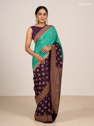 Teal Green & Purple Banarasi Crepe  - Half & Half