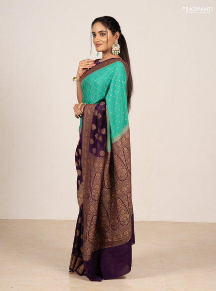 Teal Green & Purple Banarasi Crepe  - Half & Half
