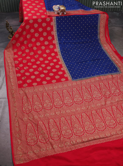 Peacock Blue & Red Banarasi Crepe  - Half & Half