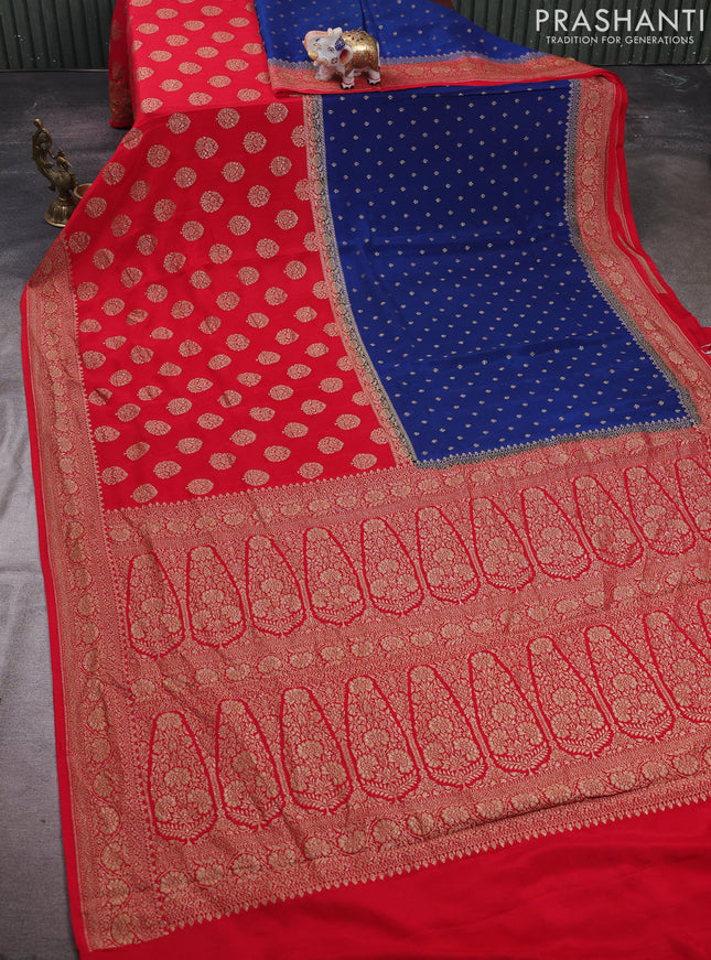 Peacock Blue & Red Banarasi Crepe  - Half & Half