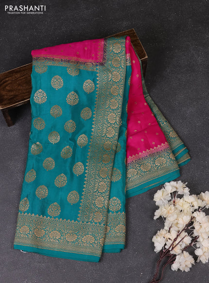 Pink & Teal Green Banarasi Crepe  - Half & Half