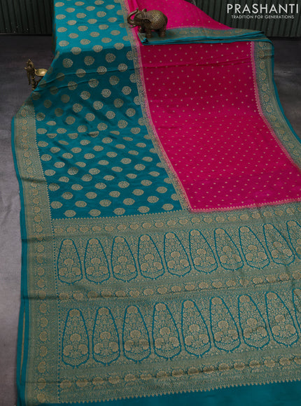 Pink & Teal Green Banarasi Crepe  - Half & Half