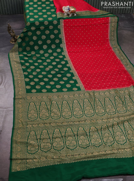 Red & Green Banarasi Crepe  - Half & Half