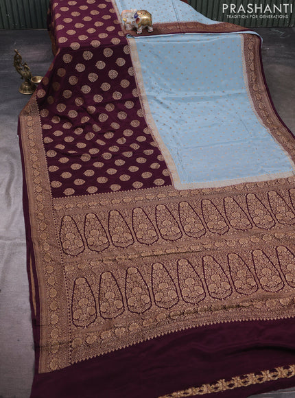 Pastel Blue & Wine Banarasi Crepe  - Half & Half