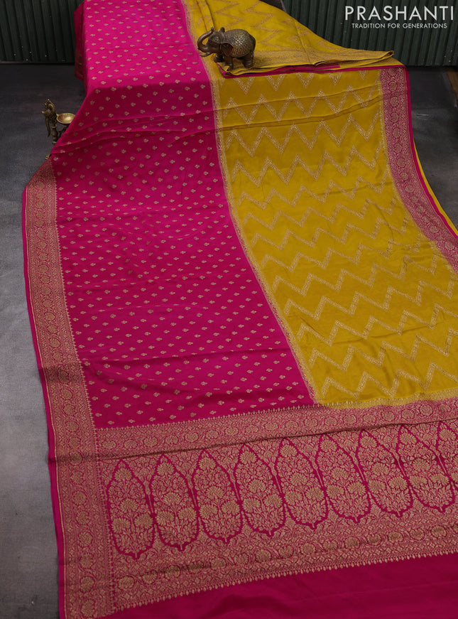 Mustard Yellow & Pink Banarasi Crepe  - Half & Half