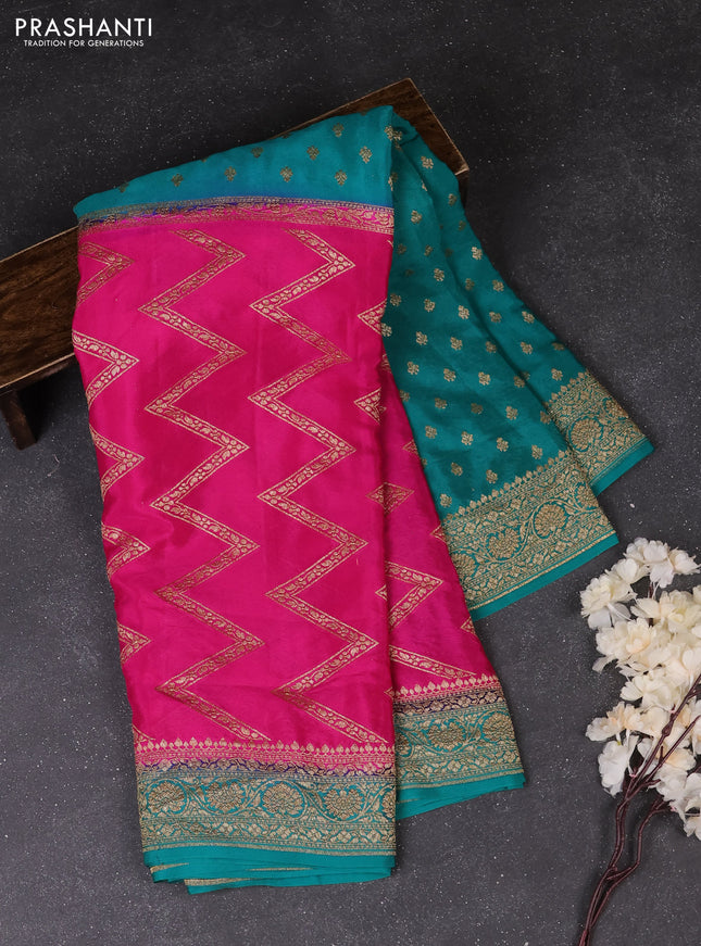 Pink & Teal Green Banarasi Crepe  - Half & Half