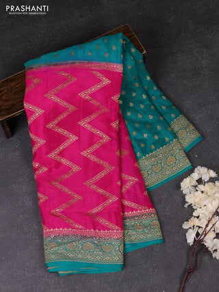 Pink & Teal Green Banarasi Crepe  - Half & Half