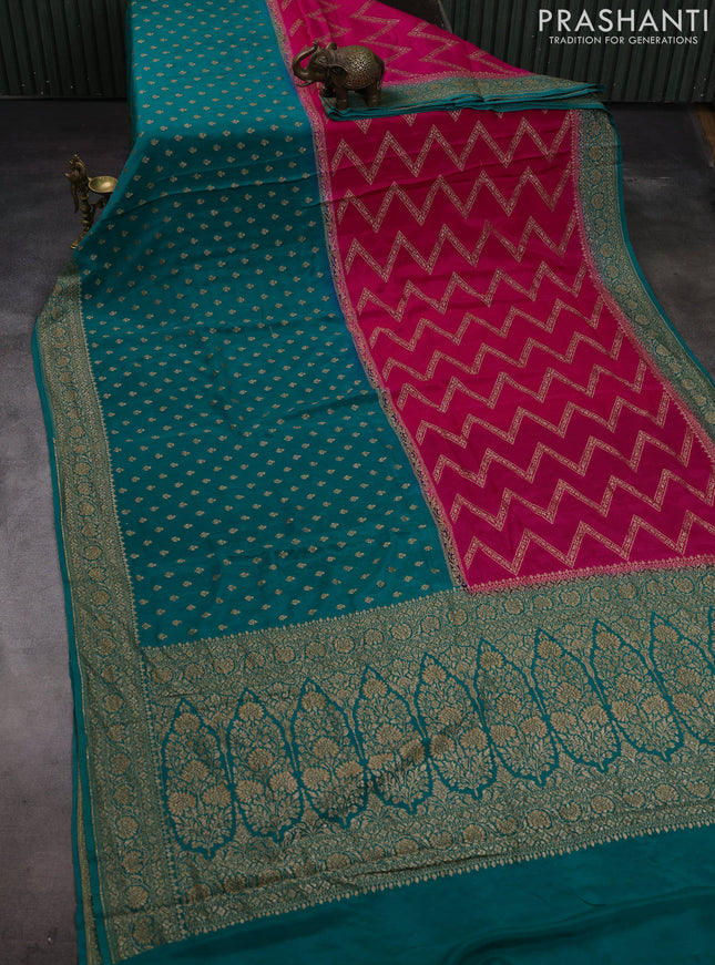 Pink & Teal Green Banarasi Crepe  - Half & Half
