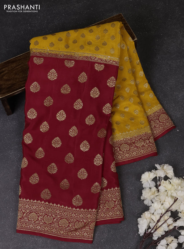 Mustard Yellow & Red Banarasi Crepe  - Half & Half