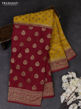 Mustard Yellow & Red Banarasi Crepe  - Half & Half