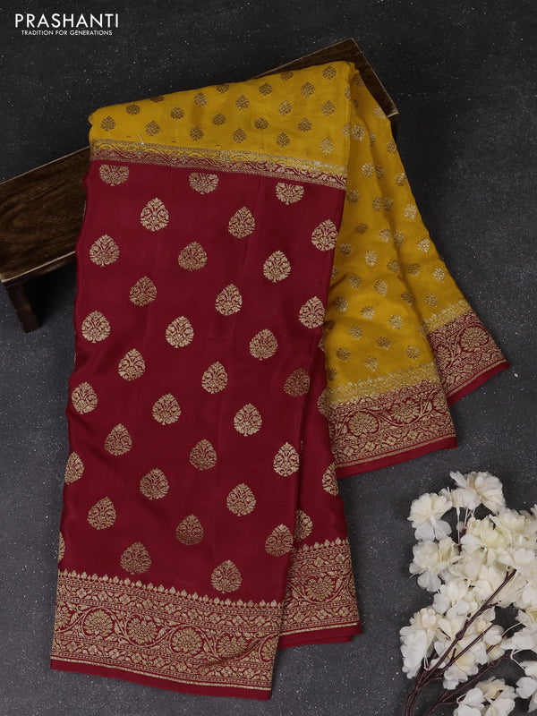 Mustard Yellow & Red Banarasi Crepe  - Half & Half