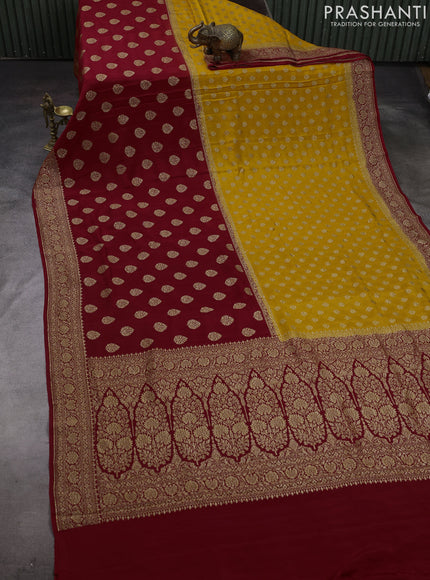Mustard Yellow & Red Banarasi Crepe  - Half & Half
