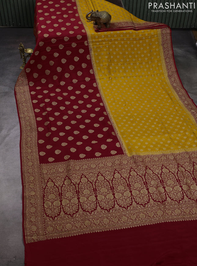 Mustard Yellow & Red Banarasi Crepe  - Half & Half