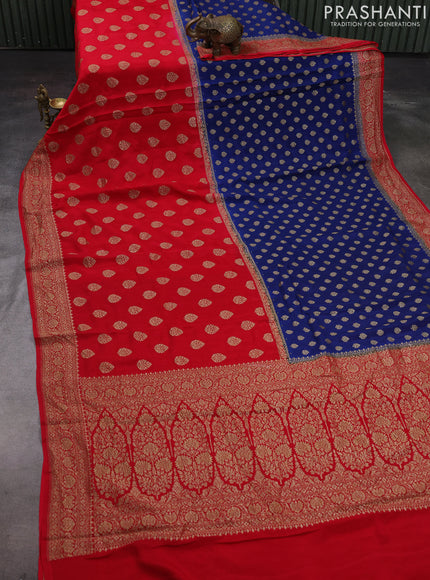 Blue & Red Banarasi Crepe  - Half & Half