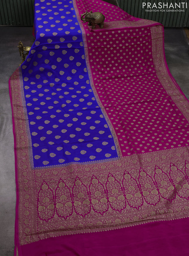 Pink & Royal Blue Banarasi Crepe  - Half & Half