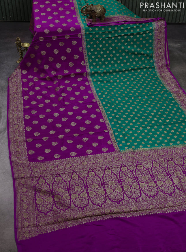 Teal Green & Purple Banarasi Crepe  - Half & Half