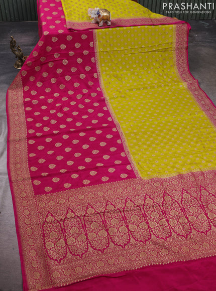 Lime Green & Pink Banarasi Crepe  - Half & Half