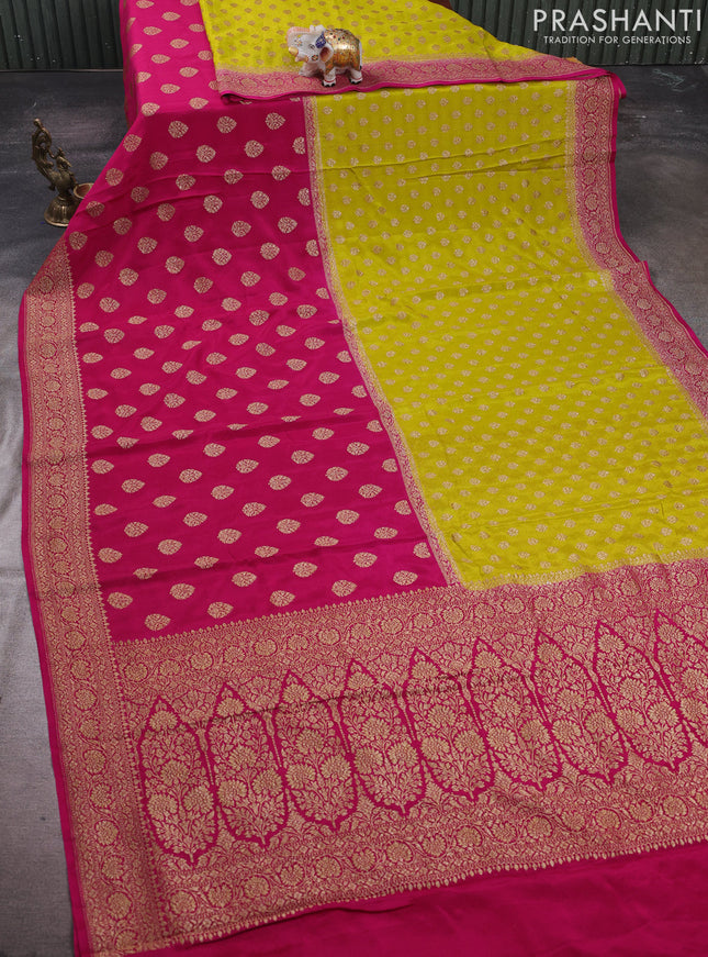 Lime Green & Pink Banarasi Crepe  - Half & Half