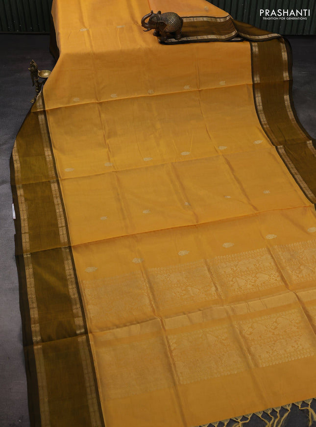 Mustard Yellow & Mehendi Green Kanchipuram Silk Cotton - Buttas