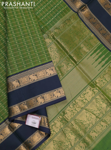 Green & Peacock Blue Kanchipuram Silk Cotton - Checks