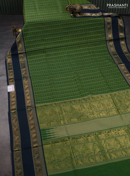 Green & Peacock Blue Kanchipuram Silk Cotton - Checks