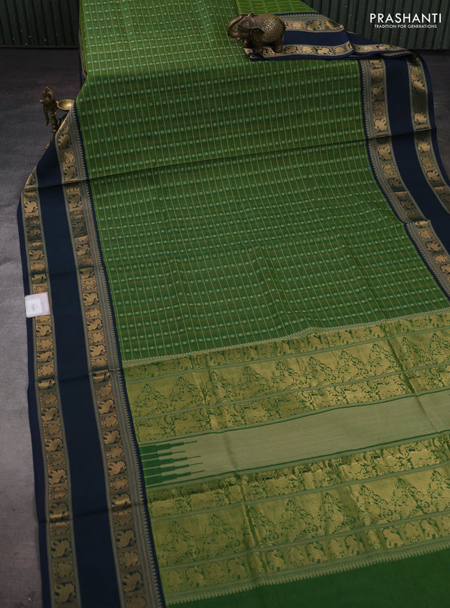Green & Peacock Blue Kanchipuram Silk Cotton - Checks