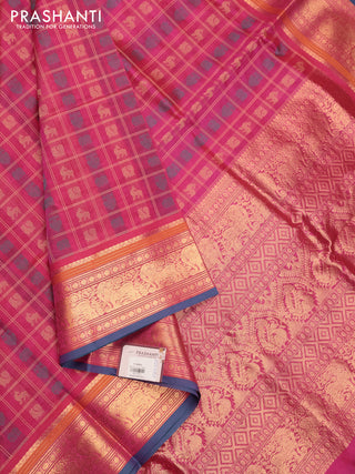 Pink & Peacock Blue Kanchipuram Silk Cotton - Checks