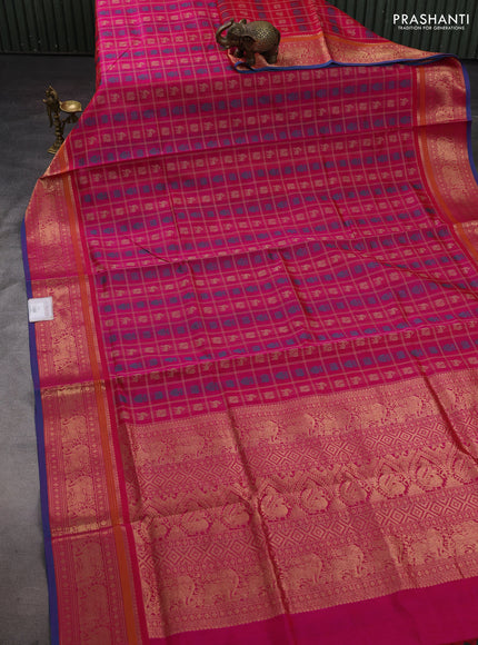 Pink & Peacock Blue Kanchipuram Silk Cotton - Checks