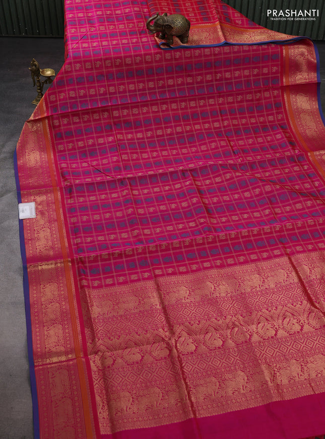 Pink & Peacock Blue Kanchipuram Silk Cotton - Checks