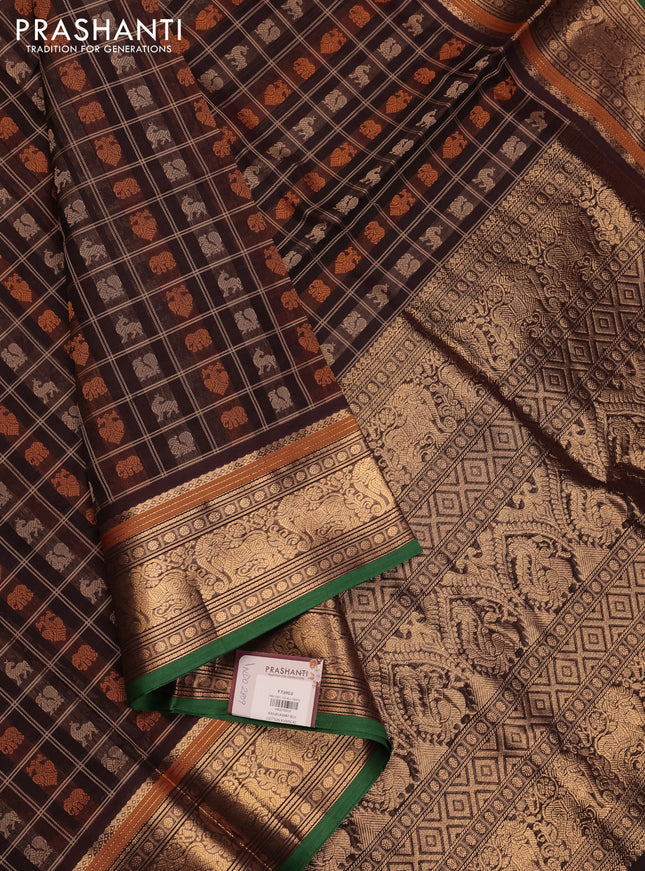 Coffee Brown & Green Kanchipuram Silk Cotton - Checks